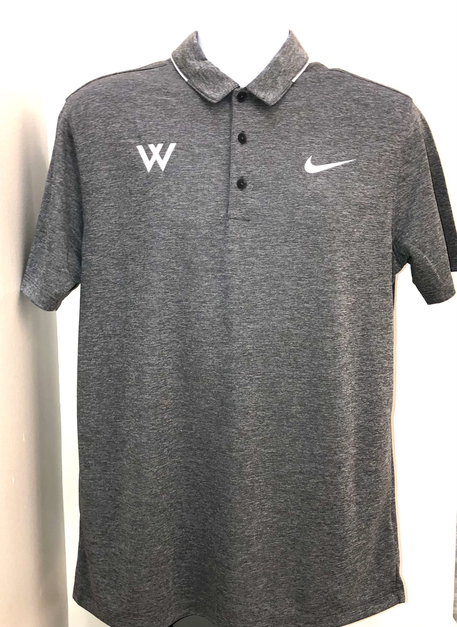 Nike Polo: Nike Breathe Dark Heather w/White W