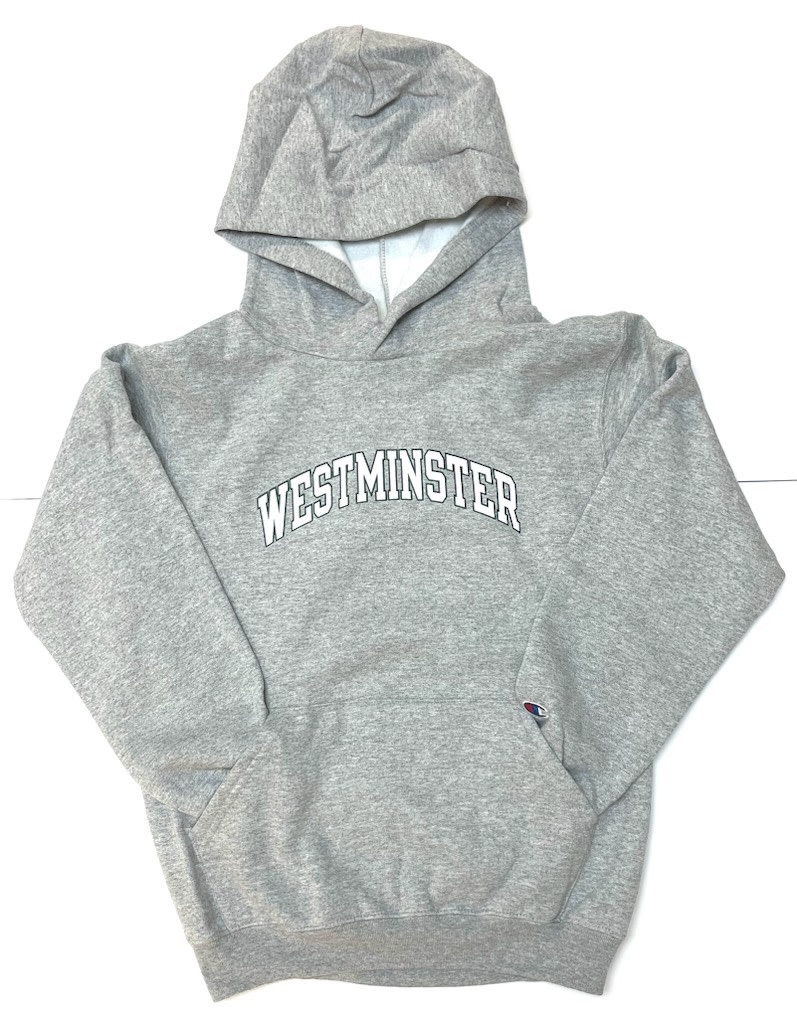 Champion Sweatshirt: Champion Youth Large Heather Gray Hooded - White "Westminster"