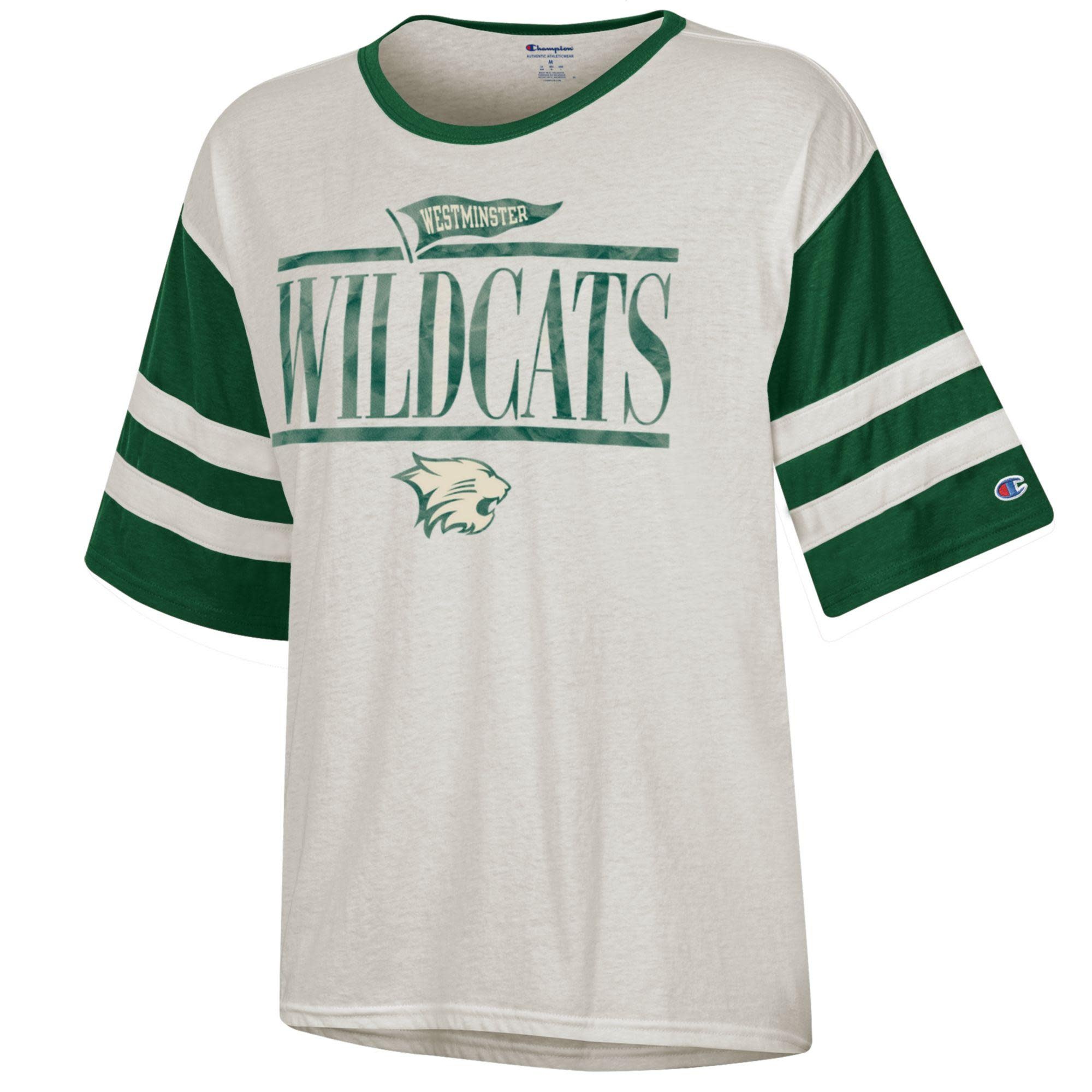 Champion T: Champion SS Women's Ivory w/ Green Sleeves faded Wildcats
