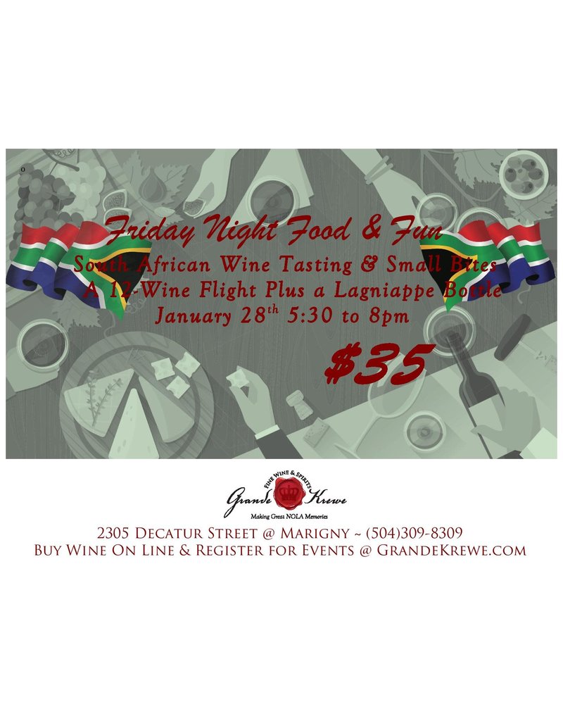 FRIDAY FOOD AND FUN, WINES OF SOUTH AFRICA: JANUARY 28th 5:30 to 8:00