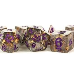 Metallic Dice Games Poly Set Dice Gray w/ Gold Foil and Purple Numbers