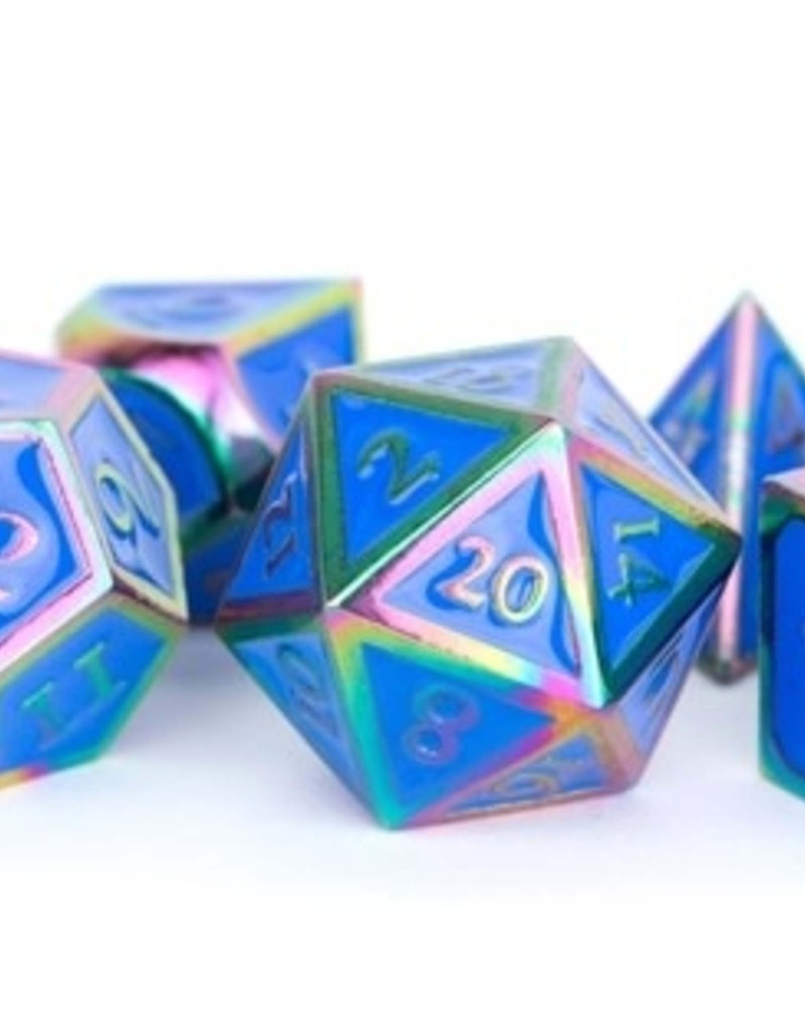 Metallic Dice Games Poly Metal Dice Set Rainbow w/ Blue Enamel