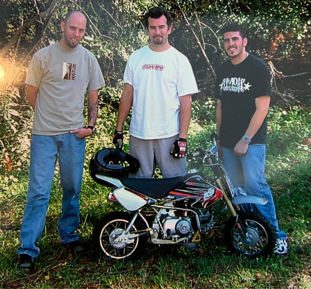 Stephen, Chris, and a 50cc dirt bike