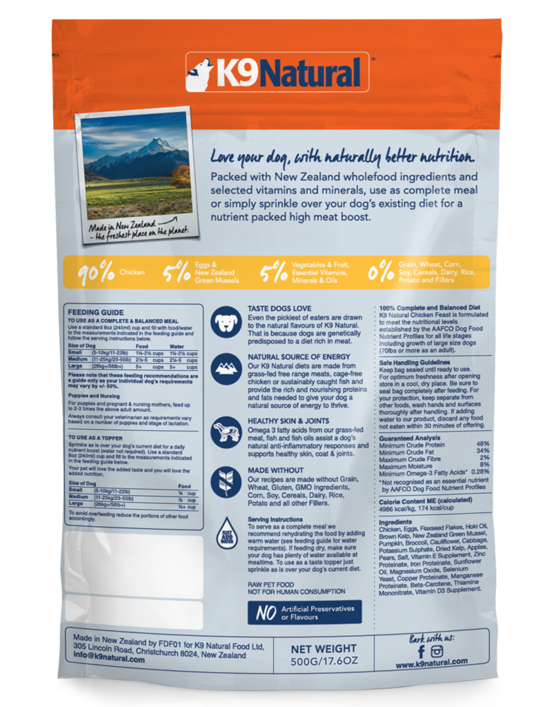 K9 Natural Dog Chicken Feast 500 g Bag