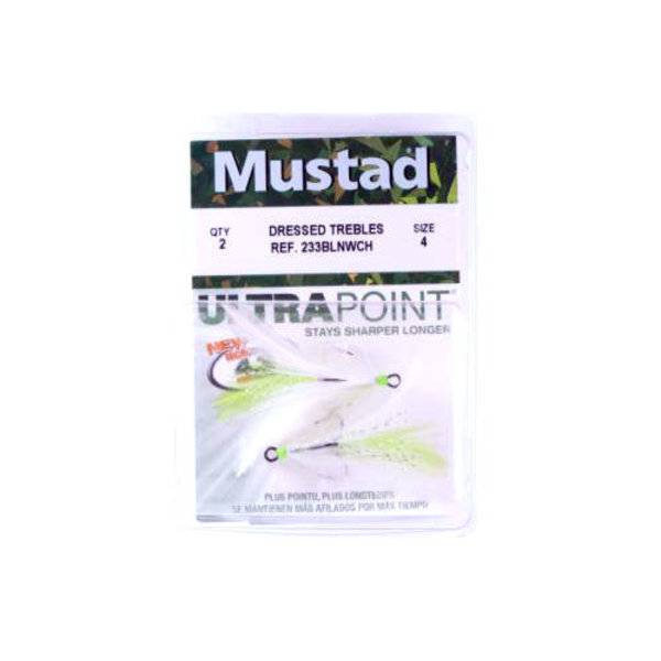 Mustad Feathered Treble Size 4 White/Chartreuse 2-pk