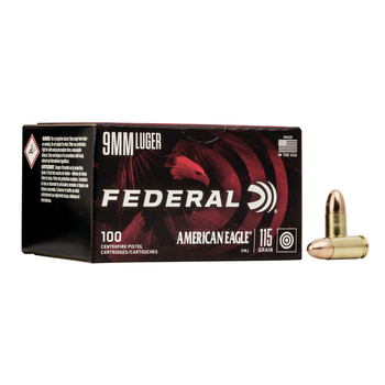 Federal American Eagle 9mm 115 Grain FMJ 100 Rounds Per Box - AE9DP100