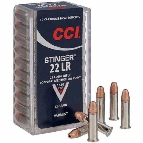 CCI 22 Long Rifle Stinger Hyper Velocity Copper Plated Hollow Point 32gr 1640fps Per Box