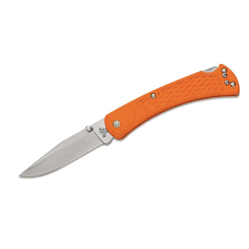 Buck 110 Slim Select Folding Hunter 3.75" Plain Blade, Blaze Orange GFN Handles, Deep Carry Pocket Clip - 12699