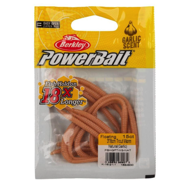 PowerBait Floating 3" Garlic Trout Worm Natural 15-pk