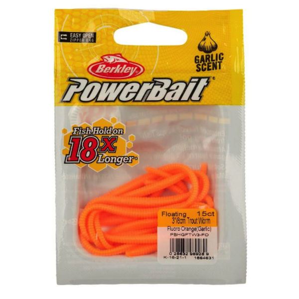 PowerBait Floating 3 Garlic Trout Worm Fluorescent Orange 15-pk - Gagnon  Sporting Goods