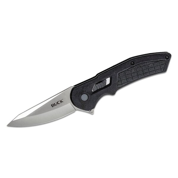 Buck 261 Hexam Flipper Knife 3.33" Satin Drop Point Blade, Black Injection Molded Handles with Black Inlay, Button Lock