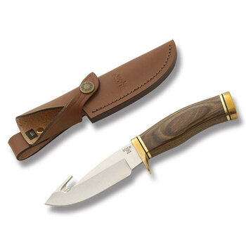 Buck 191BRG Zipper - 4.125" Plain Edge 420HC Blade - Heritage Walnut DymaLux Handle w/Brass Guard & Pommel - Brown Leather Sheath