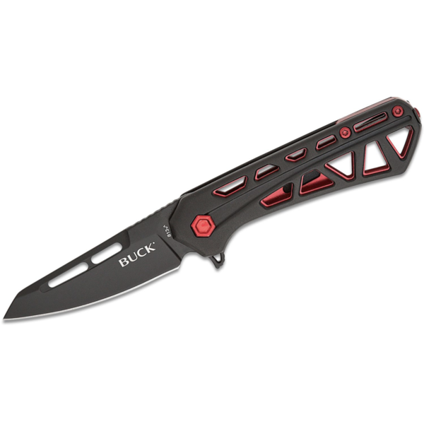 Buck 813 Mini Trace Ops Liner Lock Flipper Knife 2.43" Black Reverse Tanto Blade, Skeletonized Black/Red Aluminum Handles - 13758