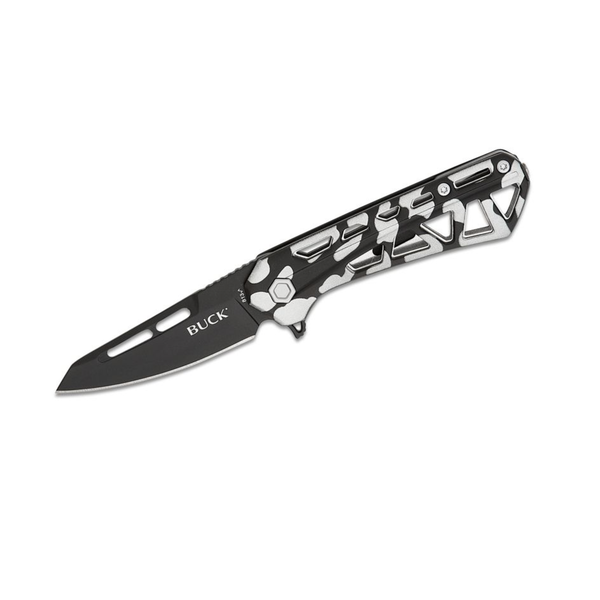 Buck 813 Mini Trace Ops Liner Lock Flipper Knife 2.43" Black Reverse Tanto Blade, Skeletonized Black/White Camo Aluminum Handles - 13762