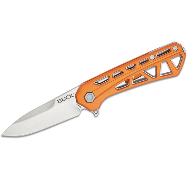 Buck 814 Mini Trace Liner Lock Flipper Knife 2.43" Stonewashed Drop Point Blade, Skeletonized Orange Aluminum Handles - 13768