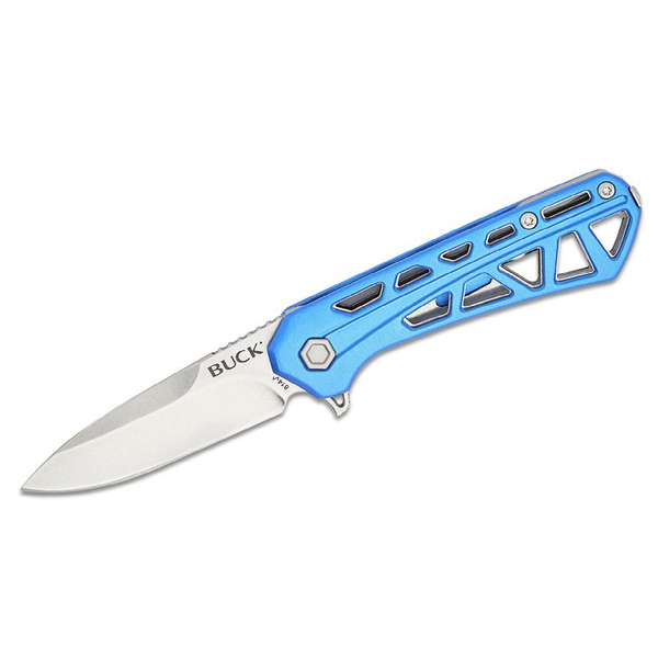 Buck 814 Mini Trace Liner Lock Flipper Knife 2.43" Stonewashed Drop Point Blade, Skeletonized Blue Aluminum Handles - 13766