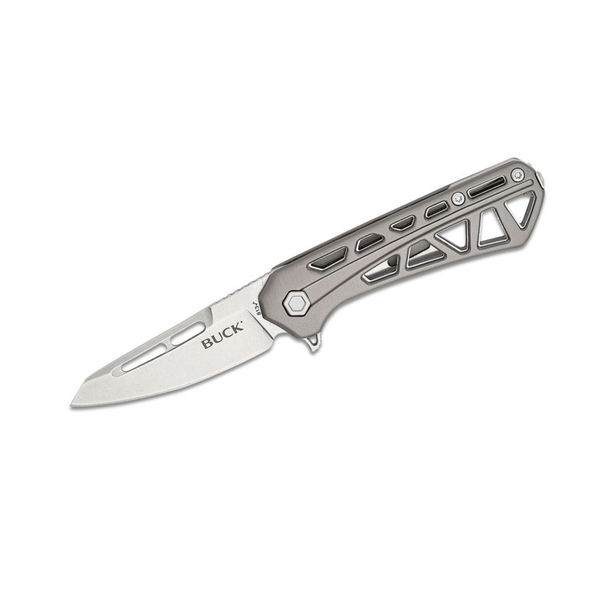 Buck 813 Mini Trace Ops Liner Lock Flipper Knife 2.43" Stonewashed Reverse Tanto Blade, Skeletonized Gray Aluminum Handles - 13760