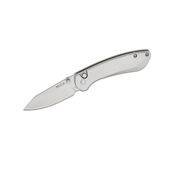 Buck 743 Mini Sovereign Button Lock Folding Knife 2.625" Stonewashed Modified Clip Point Blade, Stainless Steel Handles - 13810