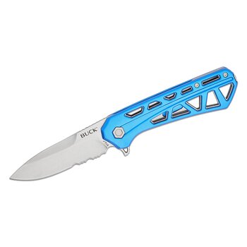 Buck 812 Trace Liner Lock Flipper Knife 3.23" Stonewashed Combo Drop Point Blade, Skeletonized Blue Aluminum Handle