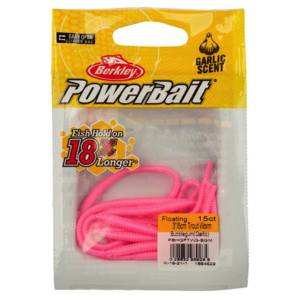 PowerBait Floating 3" Garlic Trout Worm Bubblegum 15-pk