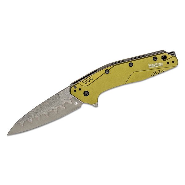 Kershaw 1812OLCB Dividend Assisted Flipper Knife 3" N690 and CPM-D2 Composite Bead Blasted Plain Blade, Olive Aluminum Handles, Liner Lock