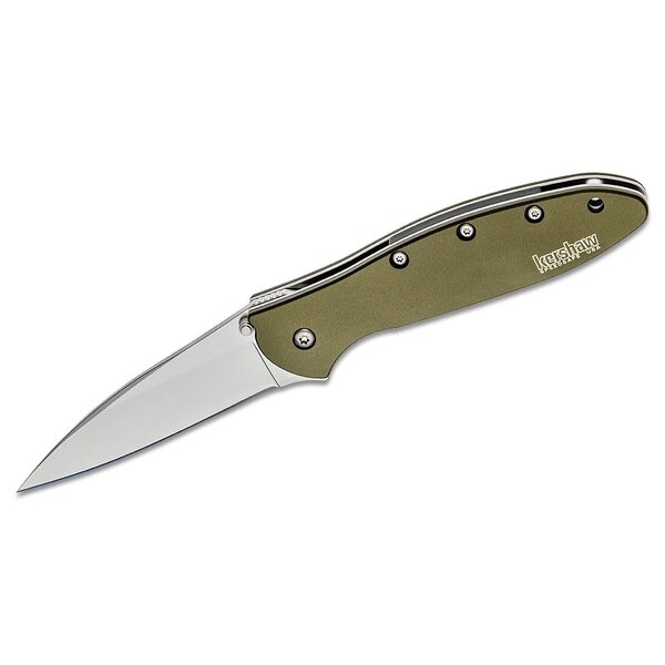 Kershaw Ken Onion Leek Assisted Flipper Knife 3" Bead Blast Plain Blade, OD Green Aluminum Handles, Liner Lock