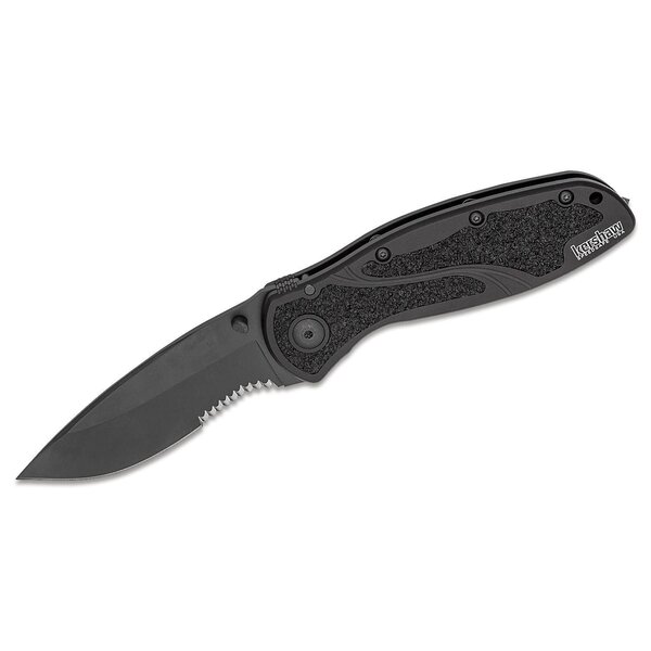 Kershaw 1670GBBLKST Ken Onion Blur Assisted Folding Knife 3-3/8" Black Combo 14C28N Blade, Glass Breaker, Black Aluminum Handles, Liner Lock
