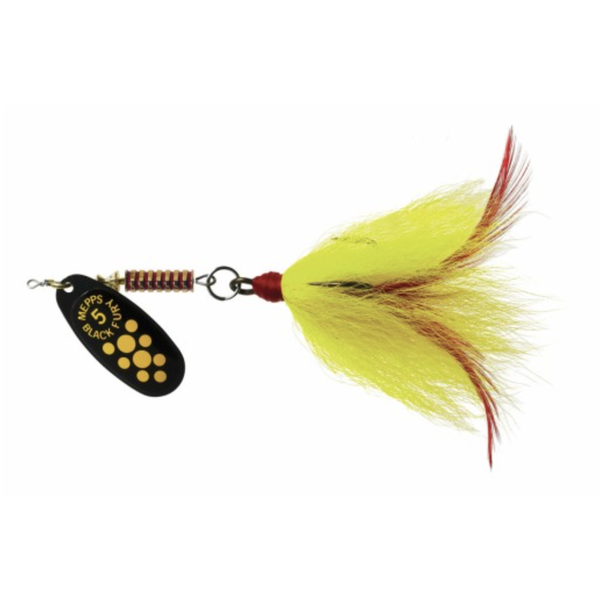Mepps Musky Killer Black Fury Dressed Yellow Dot Yellow Tail 3/4oz