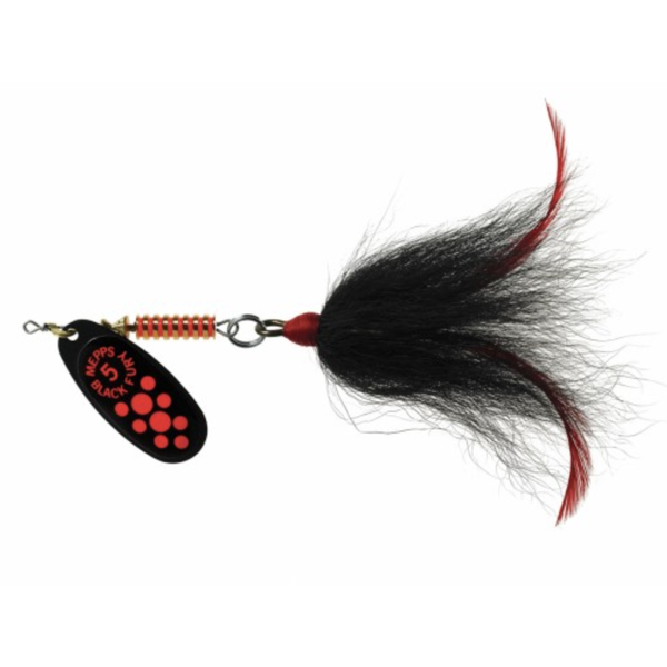Mepps Musky Killer Black Fury Dressed Fluorescent Dot Red Black Tail 3/4oz