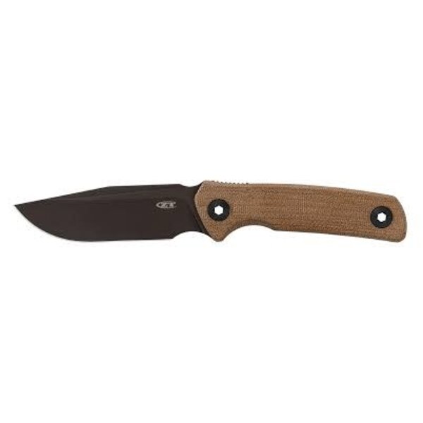 Kershaw Zero Tolerance Model 0004 Fixed Blade Knife 4.2" CPM-CruWear Dark Bronze Cerakote Clip Point Blade, Natural Canvas Micarta Handles, Adjustable Leather Sheath