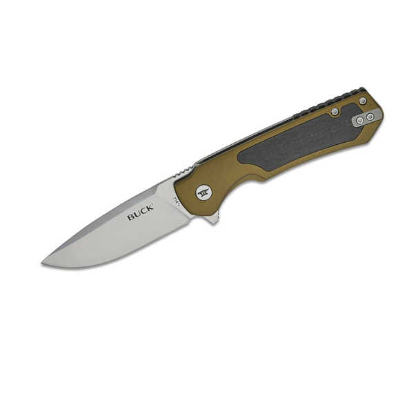 Buck 714GRS Stinger Frame Lock Flipper Knife 3" D2 Satin Drop Point Blade, Green Aluminum and Steel Handle and Carbon Fiber Inlay