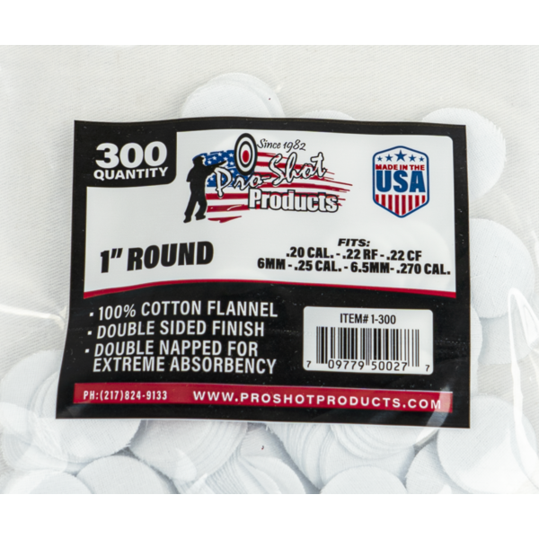 Pro-Shot .22 - .270 Cal. - 1" Round 300 Count 100% Cotton Flannel Patches
