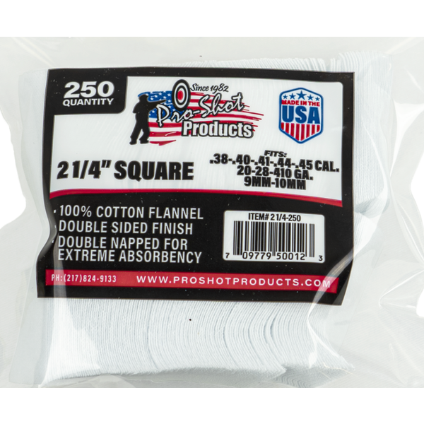 Pro-Shot .38 - .45 Cal. / 20 GA-410 GA.- 2 1/4" Square Cotton Patches 250 Count
