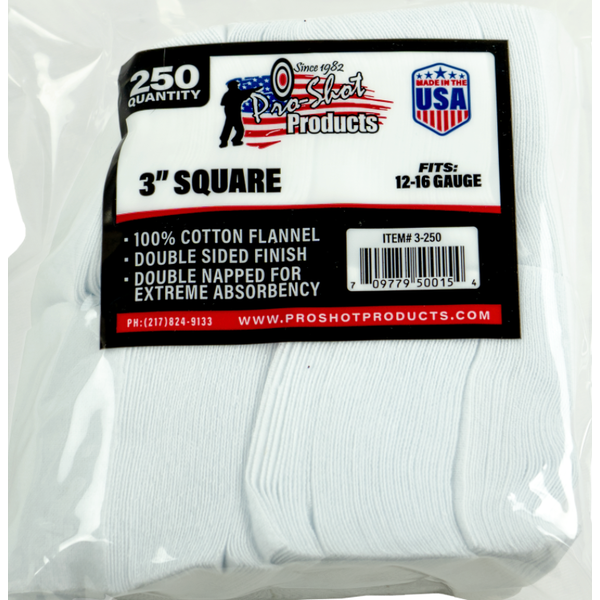 Pro-Shot 12-16 Gauge 3" Square Cotton Patches 250 Count