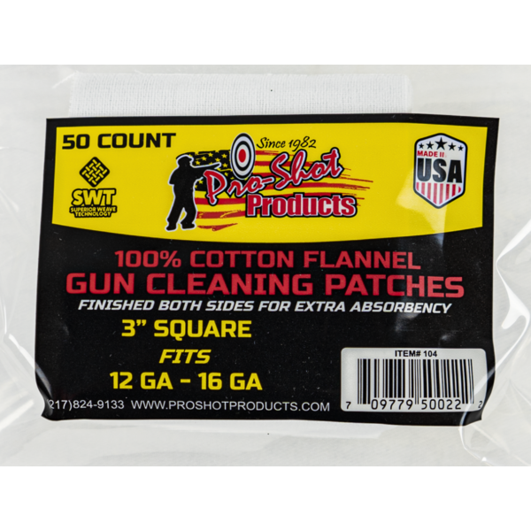 Pro-Shot 12-16ga. 50/ct 100% Cotton Flannel Patches 12-16ga. 50/ct