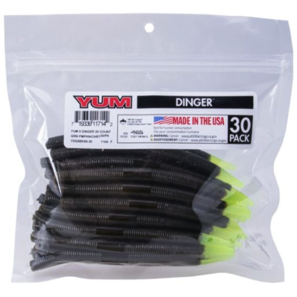 Yum Dinger 5" Green Pumpkin Chartreuse Tail 30-pk