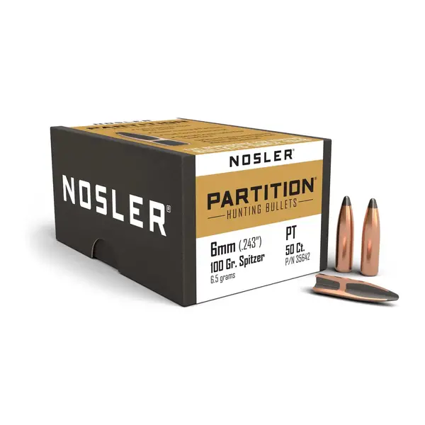 Nosler Partition Bullets 243 Caliber, 6mm (243 Diameter) 100 Grain Spitzer Box of 50