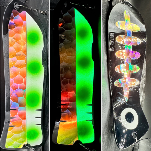 Meegs 10" Hotfish Flasher Holo Glow Green Dot Holo Ladderback Black
