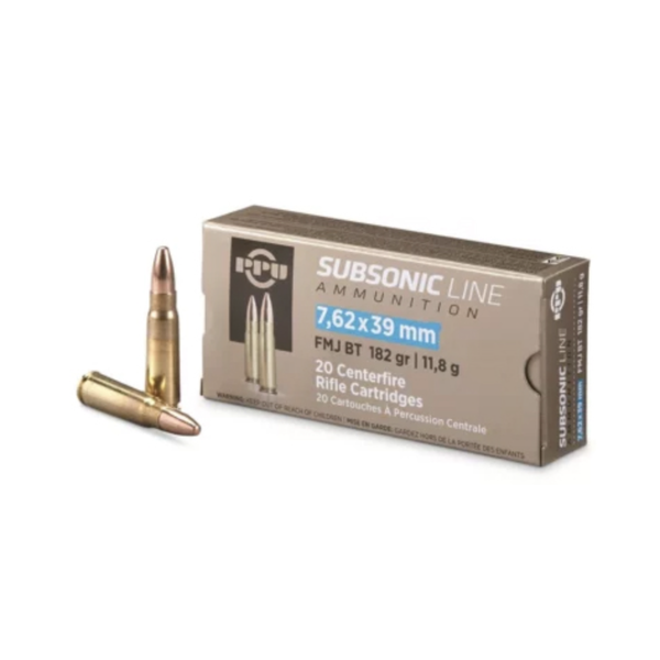PPU Subsonic Line 7.62x39mm Rifle Ammo, 182Gr FMJ BT – 20Rds