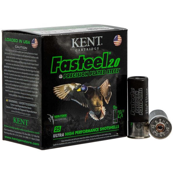 Kent Kent Fasteel 2.0 Precision Plated Steel Waterfowl Ammo, 12ga 2-3/4" 1-1/16oz #3 Shot 1550fps 25rds