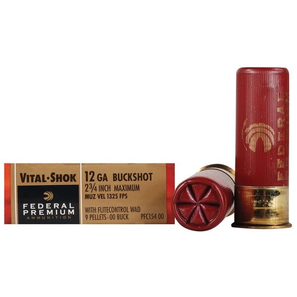 Federal Premium Vital-Shok 12ga Ammo 2-3/4" Buffered 00 Copper Plated Buckshot 9 Pellets Flitecontrol Wad 5rds
