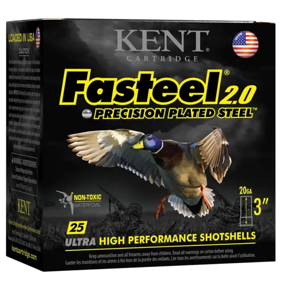 Kent Fasteel 2.0 Precision Plated Steel Waterfowl Ammo, 20ga 3" 7/8oz #3 Shot 1550fps 25rds