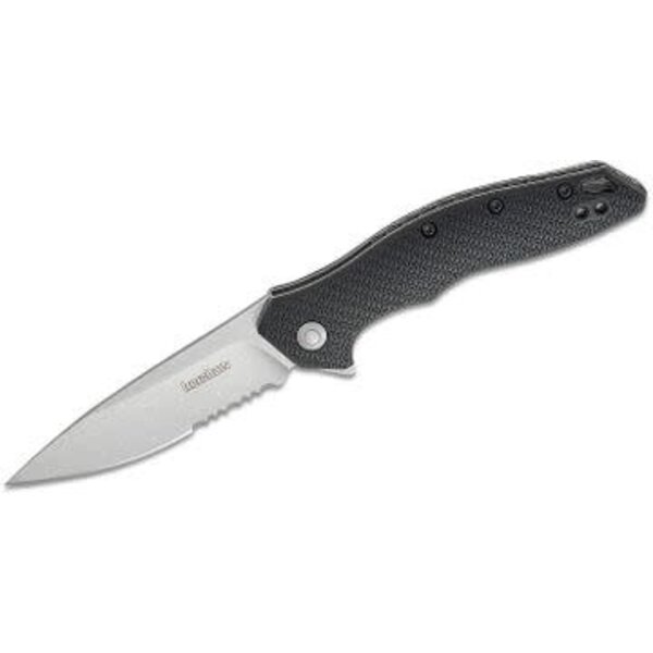 Kershaw 1845ST Shoreline Assisted Liner Lock Flipper Knife 3" Stonewashed Drop Point Combo Blade, Black Glass-Reinforced Nylon Handles, Reversible Clip