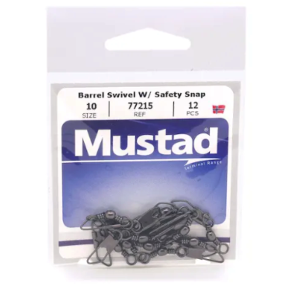 Mustad Black Barrel Swivel w/Safety Snap Size 8 12-pk