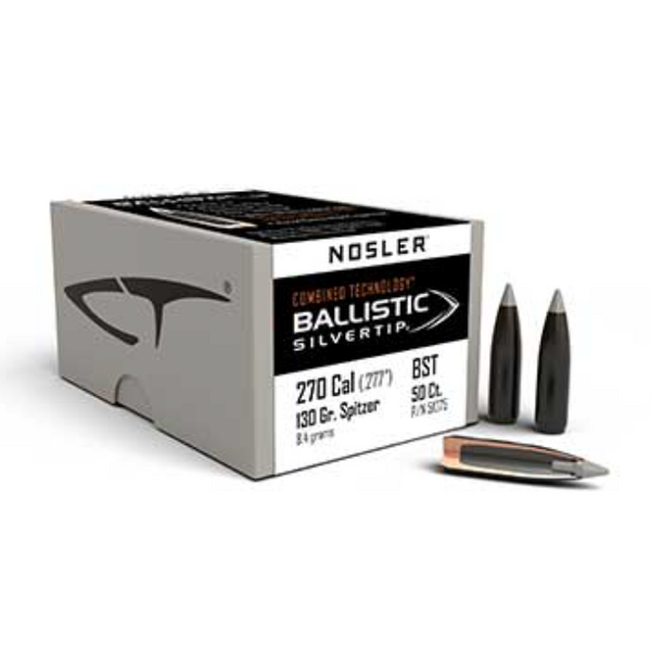Nosler Combined Technology Ballistic Silvertip Hunting Bullets 270 Caliber (277 Diameter) 130 Grain Boat Tail Box of 50