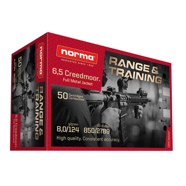 Norma Range & Training Rifle Ammunition 6.5 Creedmoor 124gr FMJ 50 RDS