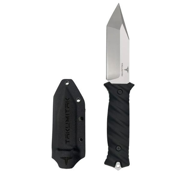 Takumitak Knives Fulcrum Fixed Blade Knife 4.5" D2 Satin Polished Tanto Blade, Milled Black G10 Handles, Kydex Sheath