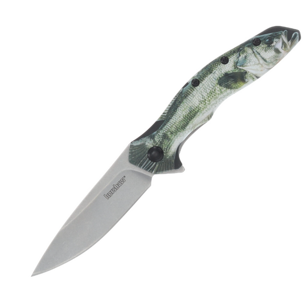 Kershaw 1845BASS Shoreline  Bass Assisted Flipper Knife 3" Stonewashed Drop Point Plain Blade