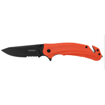 Kershaw 8650ST Barricade Assisted Flipper 3.5" Black Clip Point Combo Blade, Orange GFN Handles, Strap Cutter