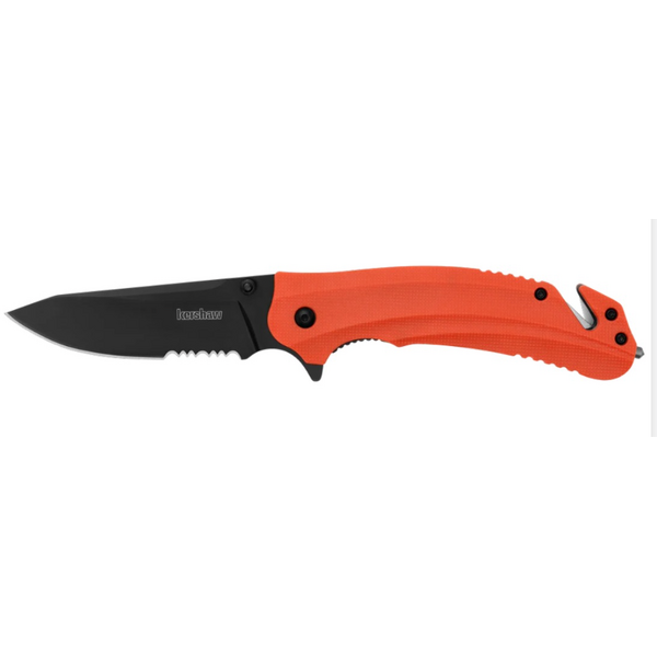 Kershaw 8650ST Barricade Assisted Flipper 3.5" Black Clip Point Combo Blade, Orange GFN Handles, Strap Cutter